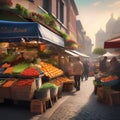 A bustling city market with vendors selling fresh produce, flowers, and local goods Lively and colorful marketplace4