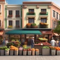 A bustling city market with vendors selling fresh produce, flowers, and local goods Lively and colorful marketplace1