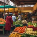 A bustling city market with vendors selling fruits, vegetables, and local goods Lively and colorful marketplace3