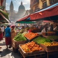 A bustling city market with vendors selling fruits, vegetables, and local goods Lively and colorful marketplace1