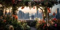 In a bustling city that never sleeps, a secret garden blooms on the rooftop of a skyscraper , concept of Urban oasis