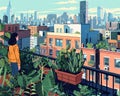 On a bustling city rooftop, an individual practices self-care by nurturing plants, blending education and urban greenery