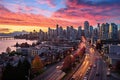 A bustling city skyline viewed from above, with towering buildings and busy streets filled with pe