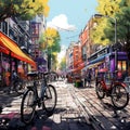 Bustling City Street with Colorful Bicycles and Creative Bike Racks