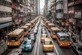 A bustling city street with colorful taxis and buses weaving through traffic.