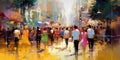 Bustling city street crowds of people moved in blur motion and color their bright clothing, concept of Urban vitality