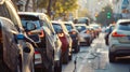 A bustling city street filled with electric cars and public transportation fueled by biofuels. The air is noticeably Royalty Free Stock Photo