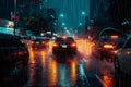 Bustling City Street Filled With Rush Hour Traffic at Night, Cars navigating through a city during a thunderstorm, AI Generated Royalty Free Stock Photo