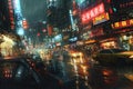 A bustling city street at night filled with countless vehicles and people commuting during rush hour, A cyberpunk city after a