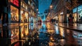 Bustling city street at night during a rainy evening with illuminated shops