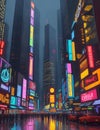 A bustling city street, painted in the neon glow of festive advertisements, skyscrapers, a melancholic serenade, fantasy art