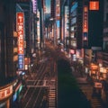 A bustling city street in Tokyo, with neon lights and crowds of people1