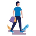 A cute boy is carrying a shopping bag