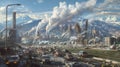 A bustling cityscape is depicted with cars and other vehicles emitting thick clouds of smoke into the air. In the