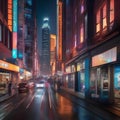 A bustling cityscape at night with colorful lights5