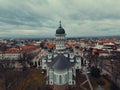 Bustling cityscape of Radauti, Romania with the view on The Descent Of The Holy Spirit Church