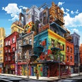 Bustling cityscape with remarkable mural