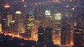 Bustling cityscape and skyscrapers at night time