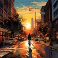 Bustling cityscape during sunset with vibrant art style