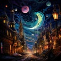 Bustling Cityscape Under Surreal Night Sky in Art Nouveau Style