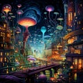 Bustling Cityscape Under Surreal Night Sky in Art Nouveau Style