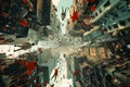 A bustling cityscape where people and objects defy gravity floating upside down