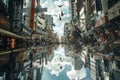 A bustling cityscape where people and objects defy gravity floating upside down