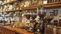 A bustling coffee counter adorned with vintage coffee grinders and jars of artisanal beans inviting customers to indulge Royalty Free Stock Photo