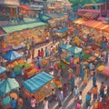 Bustling and Colorful Market Filled with Vendors and Shoppers