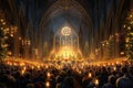 A bustling crowd of devotees gather inside a grand cathedral for a religious ceremony, A grand Christmas church scene with people