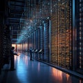 Bustling 3D Data Center with Illuminated Server Racks and Cascading Binary Data Streams Royalty Free Stock Photo