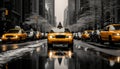 Bustling downtown new york city street with yellow taxis in motion, captured in 16k super quality