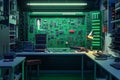 A vibrant electronics workshop showcasing intricate circuit boards at dusk. Generative AI
