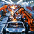 Robotic Arms Welding Car Frames on an Assembly Line in a Factory Setting