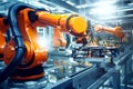 In a bustling factory, robotic arms meticulously assemble electronic components, creating sparks as they work efficiently under