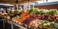 Bustling farmers market with a variety of fresh, local produce, emphasizing the importance of supporting local