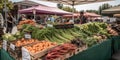 Bustling farmers market with a variety of fresh, local produce, emphasizing the importance of supporting local