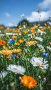 Bustling flower fields with sunflowers, poppies, daisies, bees, and butterflies in vibrant bloom Royalty Free Stock Photo