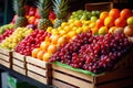 A bustling fruit stand offering a wide assortment of fresh and colorful fruits for sale, fresh fruits on crates on shop market, AI Royalty Free Stock Photo