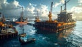 Offshore Oil Platforms and Support Vessels in a Busy Harbor Royalty Free Stock Photo
