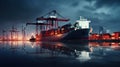 Bustling Hub: Seaport with Moored Cargo Ship. Generative ai Royalty Free Stock Photo