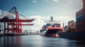 Bustling Hub: Seaport with Moored Cargo Ship. Generative ai Royalty Free Stock Photo