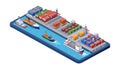 Bustling Isometric Cargo Port with Ships and Shipping Containers, vector design Generative AI Royalty Free Stock Photo