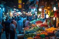 A bustling market filled with people shopping for a wide variety of fresh and colorful fruits and vegetables, A bustling bazaar Royalty Free Stock Photo