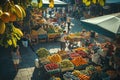 A bustling market scene with a wide variety of fresh and colorful fruits and vegetables on display, A bustl Royalty Free Stock Photo