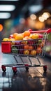 Bustling market Shopping cart in supermarket, set against vibrant blurred store bokeh
