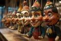Colorful handcrafted marionettes hanging in a traditional puppet shop showcasing intricate designs and vibrant details Royalty Free Stock Photo