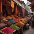 A bustling marketplace filled with stalls selling exotic goods and colorful fabrics2