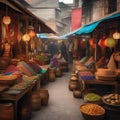 A bustling marketplace filled with stalls selling exotic goods and colorful fabrics3