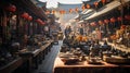 A bustling marketplace filled with vendors selling traditional Chinese goods and souvenirs, showca